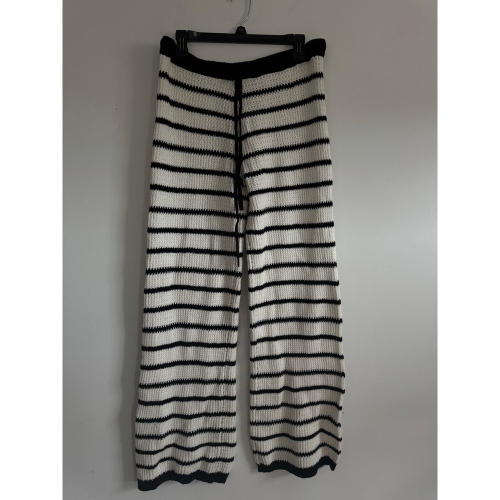 Topshop Black White Striped Knit Wide Leg Pants Drawstring Size US 8-10 Medium